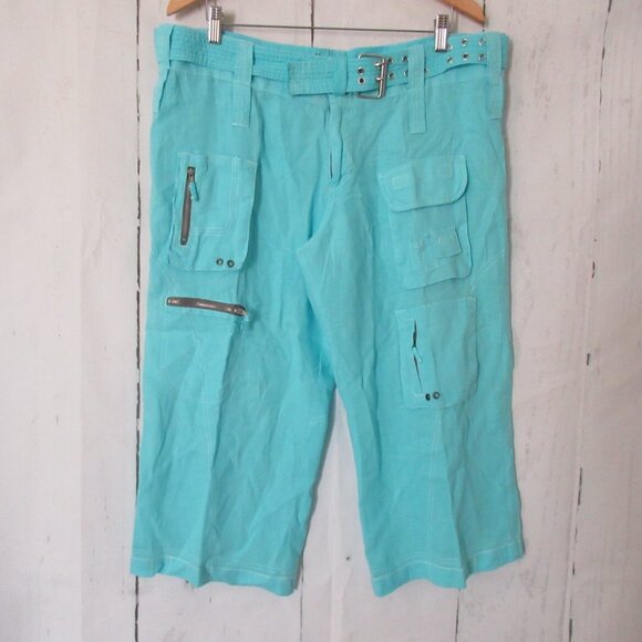 Pete & Greta Cargo Pants 12 Turquoise Blue Wide Leg Crop Unisex Linen Johnny Was - Picture 1 of 9